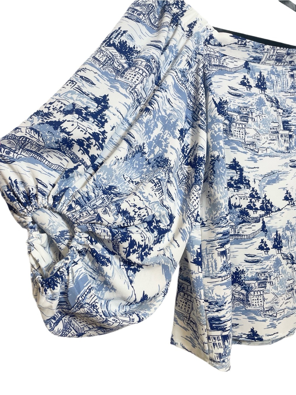 Sugarlips Blue & White Toile Off-Shoulder Puff Sleeve Top - Picture 4 of 9